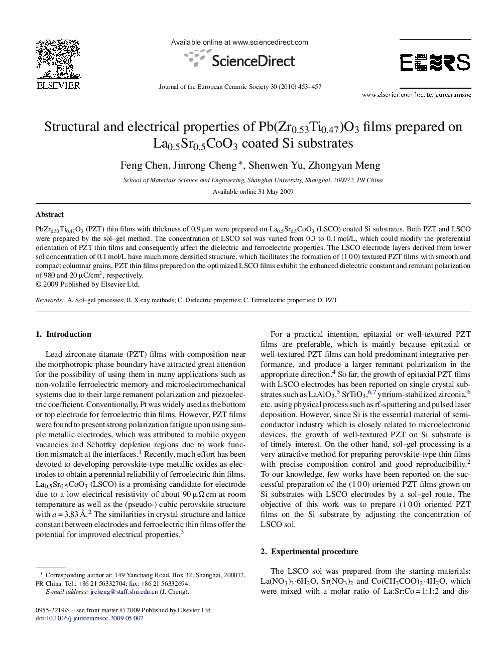 Structural and electrical properties of Pb(Zr0.53Ti0.47)O3 films prepared on La0.5Sr0.5CoO3 coated Si substrates