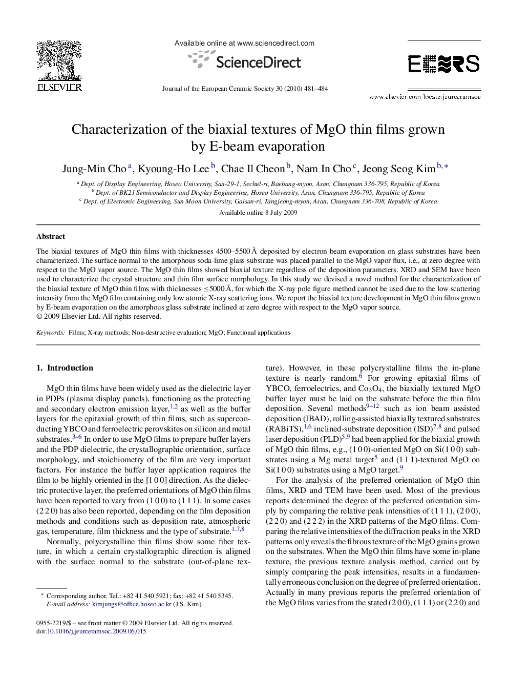 Characterization of the biaxial textures of MgO thin films grown by E-beam evaporation