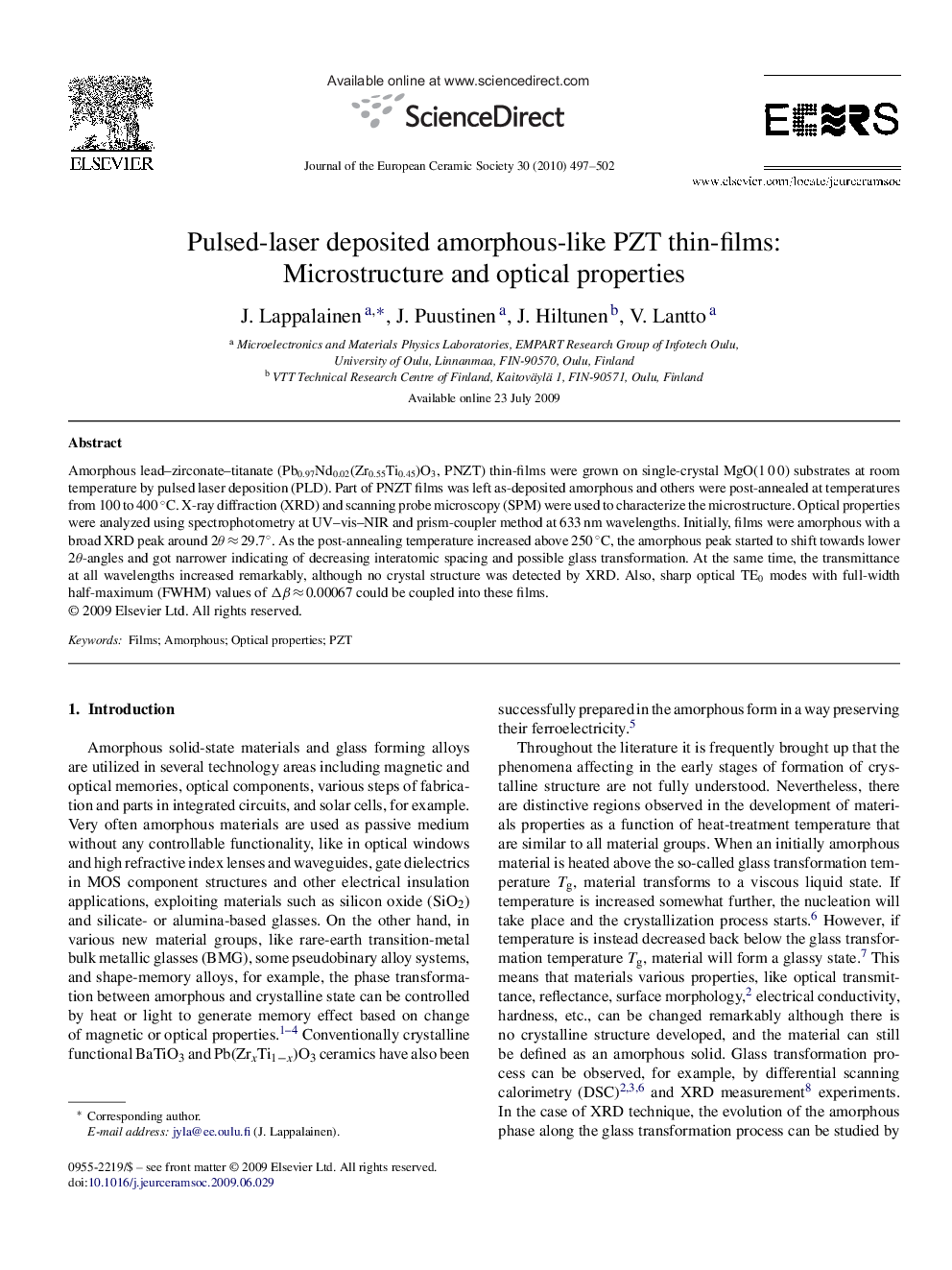 Pulsed-laser deposited amorphous-like PZT thin-films: Microstructure and optical properties