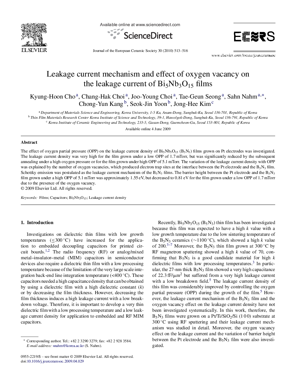 Leakage current mechanism and effect of oxygen vacancy on the leakage current of Bi5Nb3O15 films