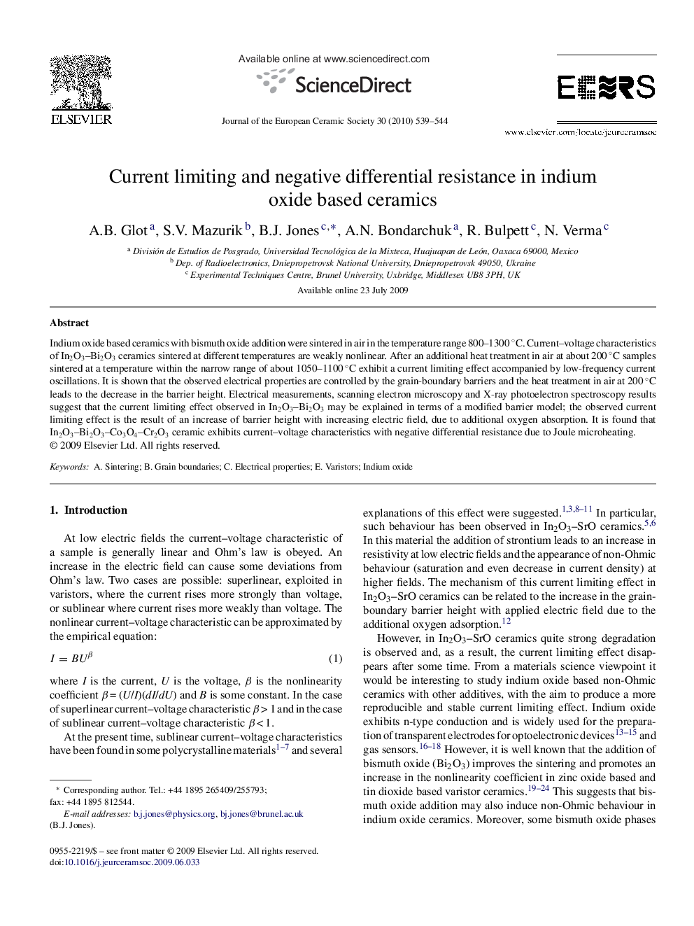 Current limiting and negative differential resistance in indium oxide based ceramics