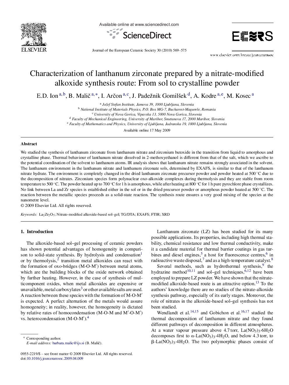 Characterization of lanthanum zirconate prepared by a nitrate-modified alkoxide synthesis route: From sol to crystalline powder