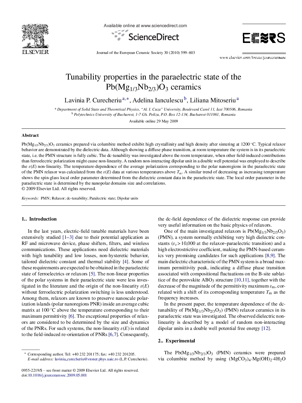 Tunability properties in the paraelectric state of the Pb(Mg1/3Nb2/3)O3 ceramics