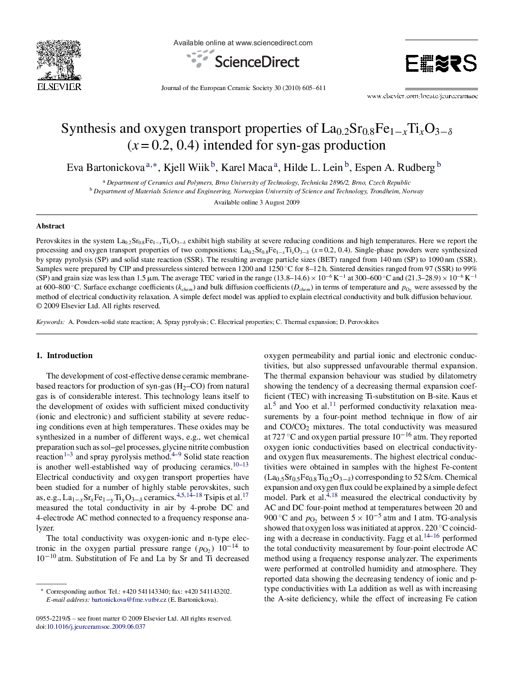 Synthesis and oxygen transport properties of La0.2Sr0.8Fe1−xTixO3−δ (x = 0.2, 0.4) intended for syn-gas production