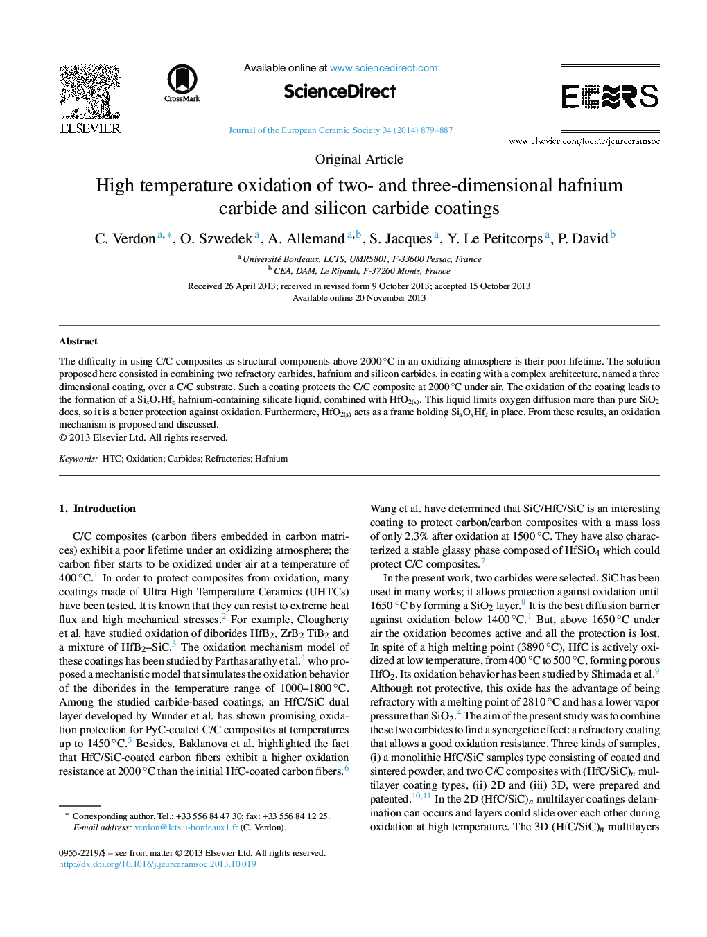 High temperature oxidation of two- and three-dimensional hafnium carbide and silicon carbide coatings