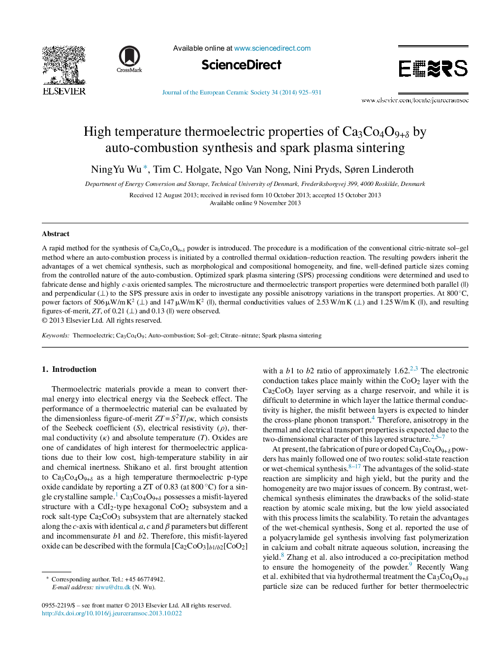 High temperature thermoelectric properties of Ca3Co4O9+δ by auto-combustion synthesis and spark plasma sintering