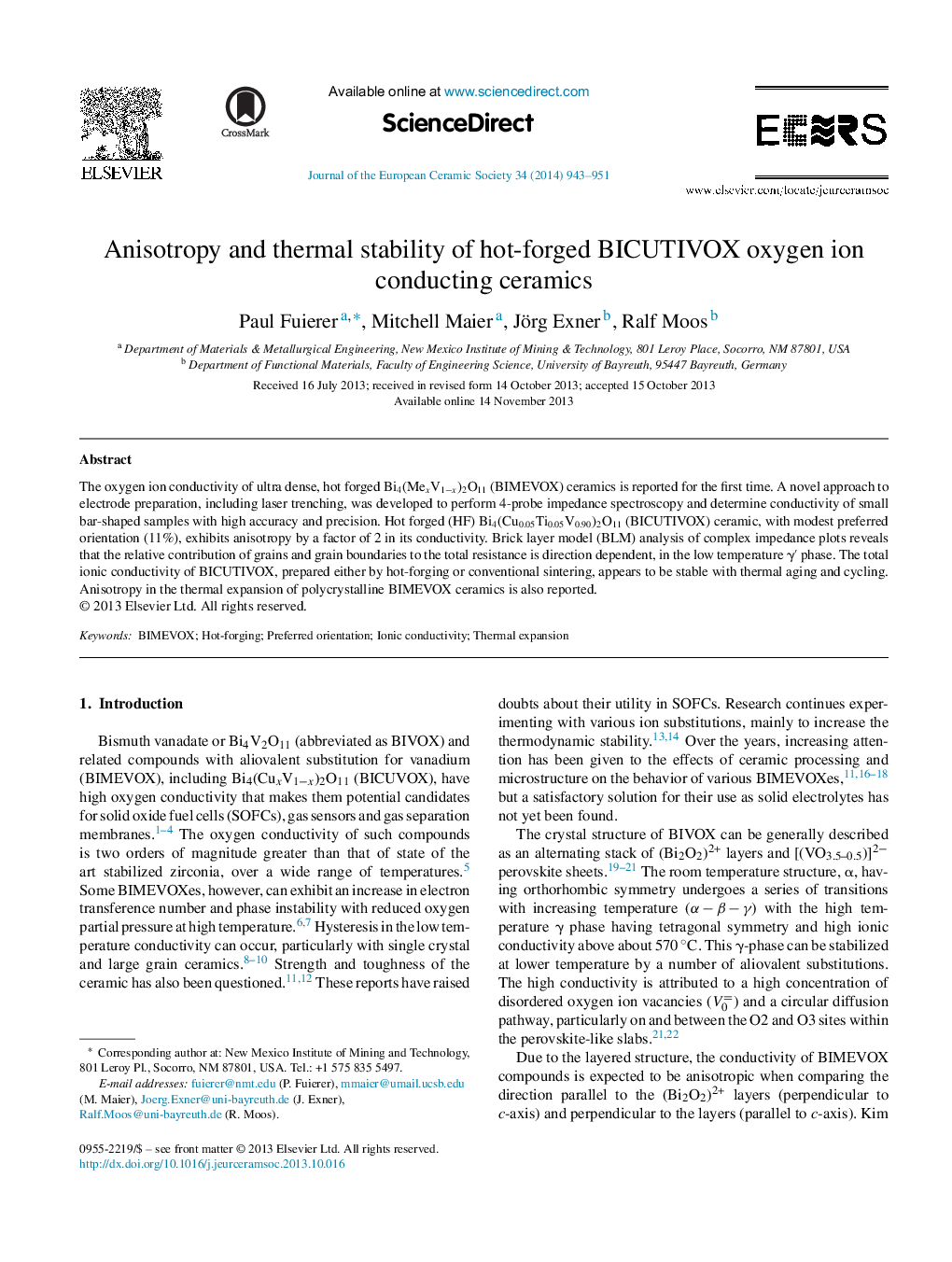 Anisotropy and thermal stability of hot-forged BICUTIVOX oxygen ion conducting ceramics