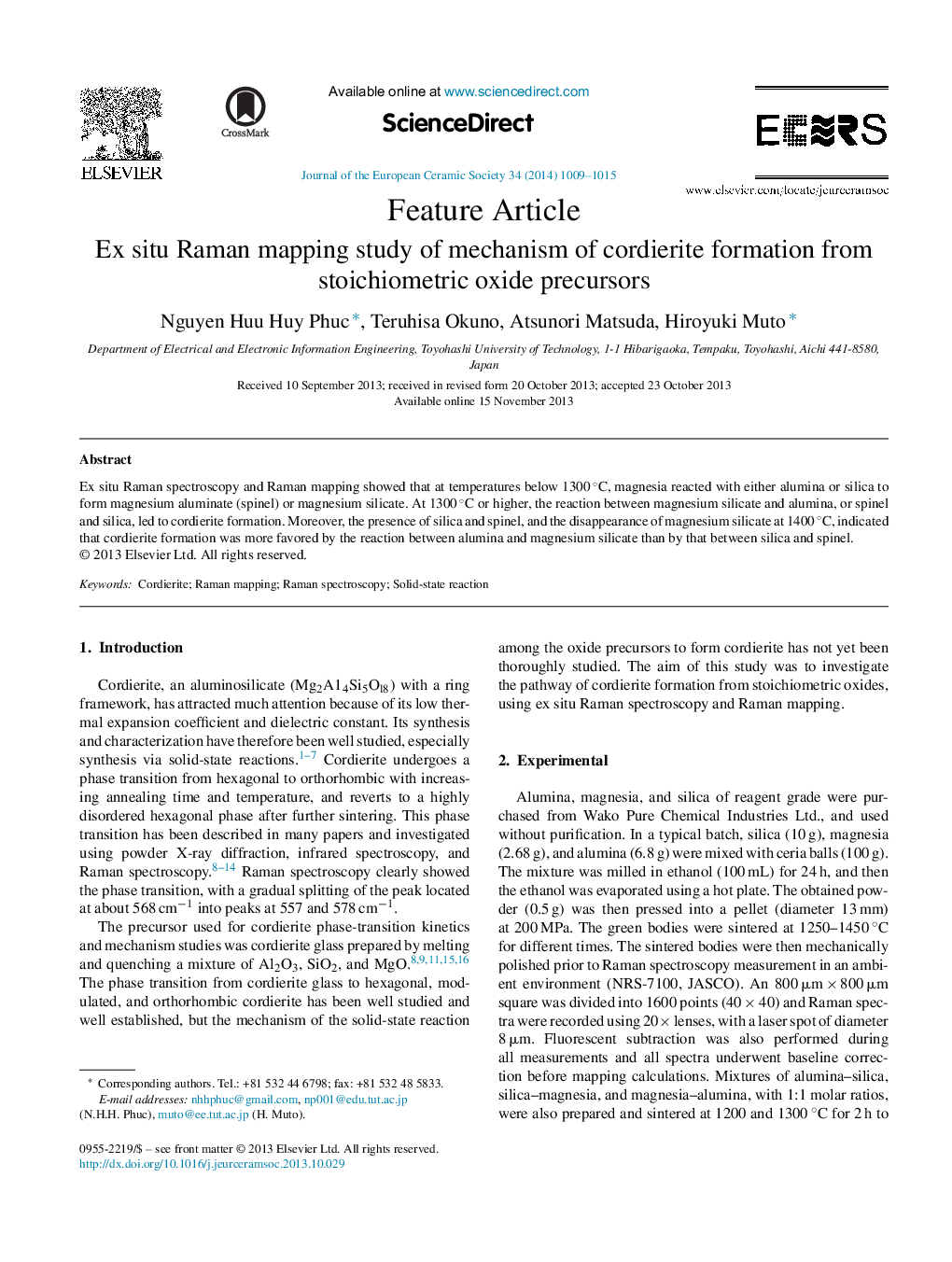 Ex situ Raman mapping study of mechanism of cordierite formation from stoichiometric oxide precursors