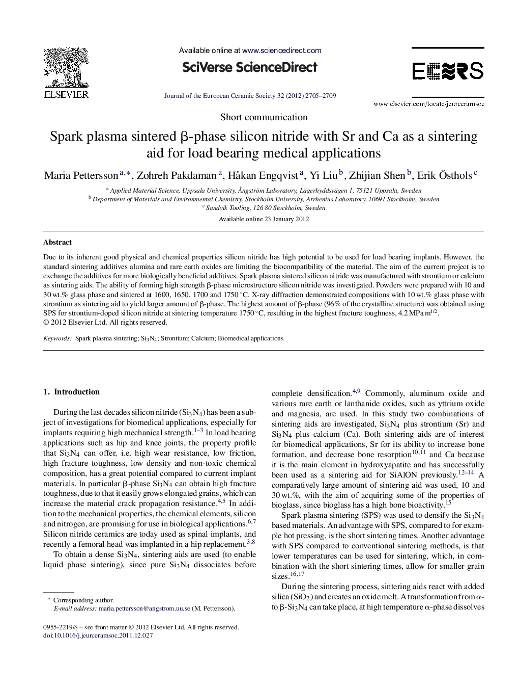 Spark plasma sintered β-phase silicon nitride with Sr and Ca as a sintering aid for load bearing medical applications