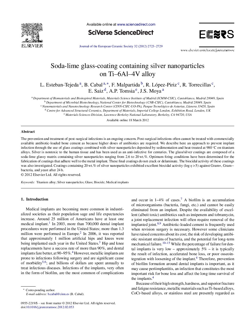 Soda-lime glass-coating containing silver nanoparticles on Ti–6Al–4V alloy