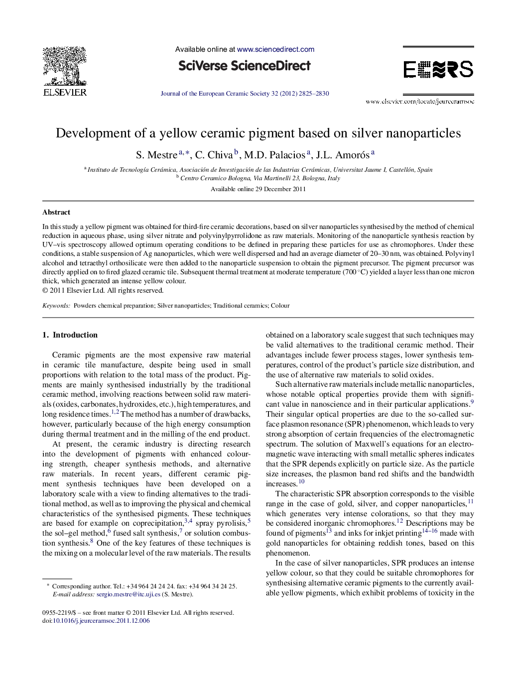 Development of a yellow ceramic pigment based on silver nanoparticles