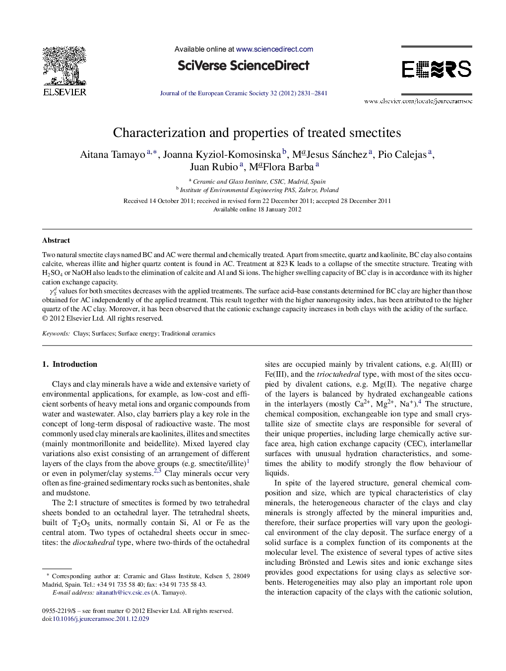 Characterization and properties of treated smectites