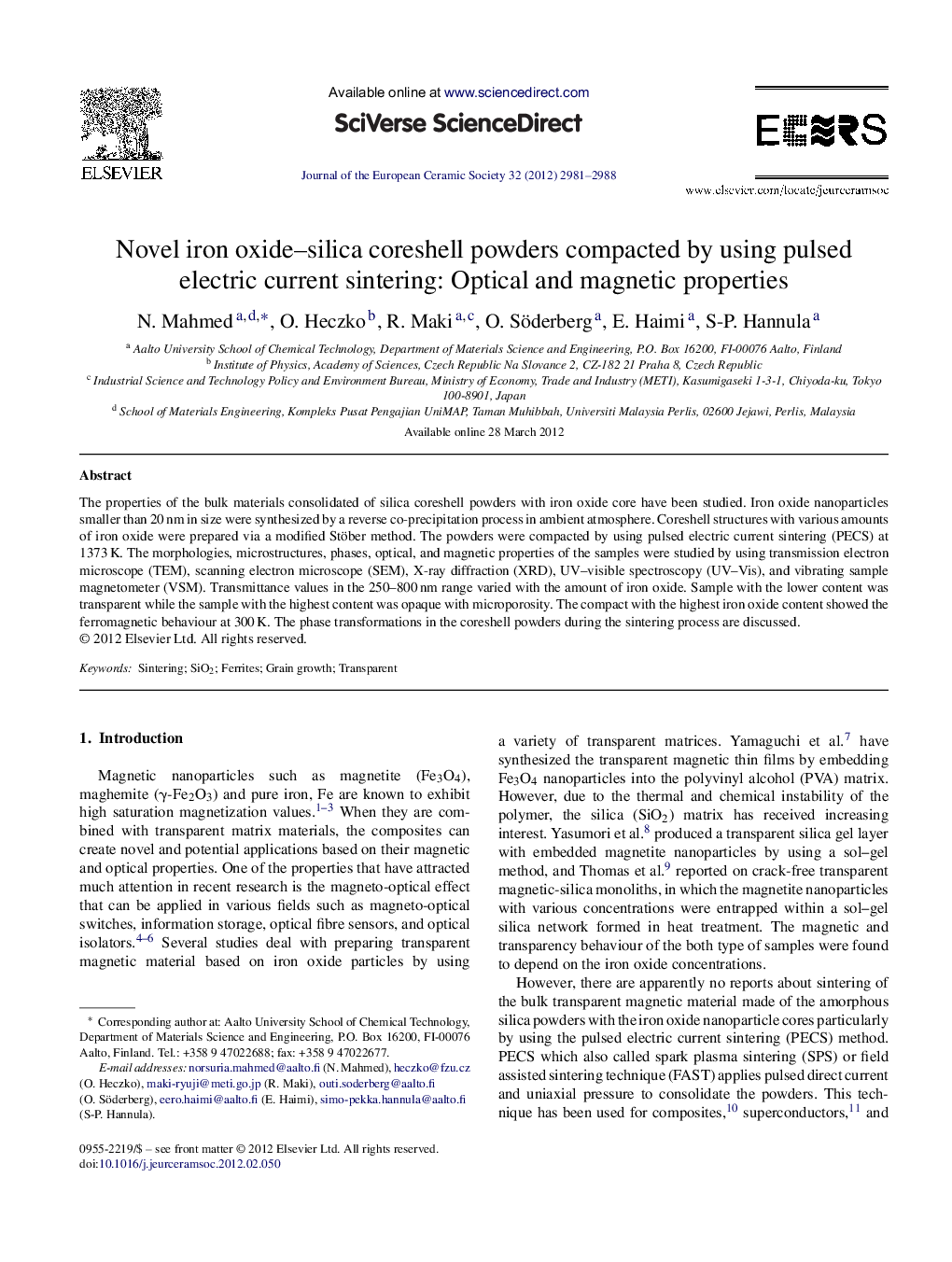 Novel iron oxide–silica coreshell powders compacted by using pulsed electric current sintering: Optical and magnetic properties