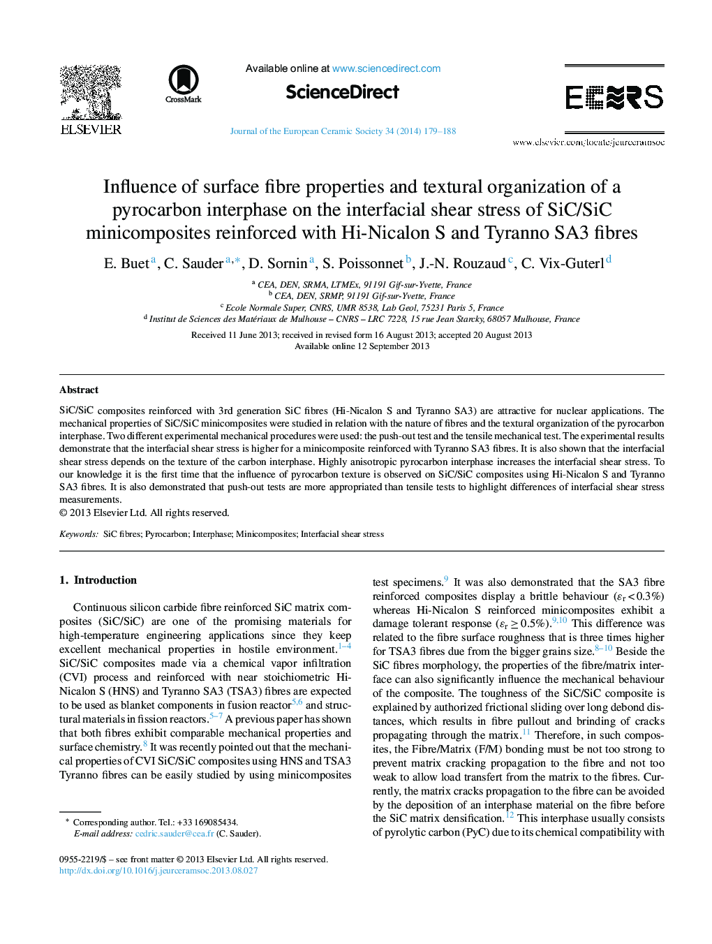 Influence of surface fibre properties and textural organization of a pyrocarbon interphase on the interfacial shear stress of SiC/SiC minicomposites reinforced with Hi-Nicalon S and Tyranno SA3 fibres