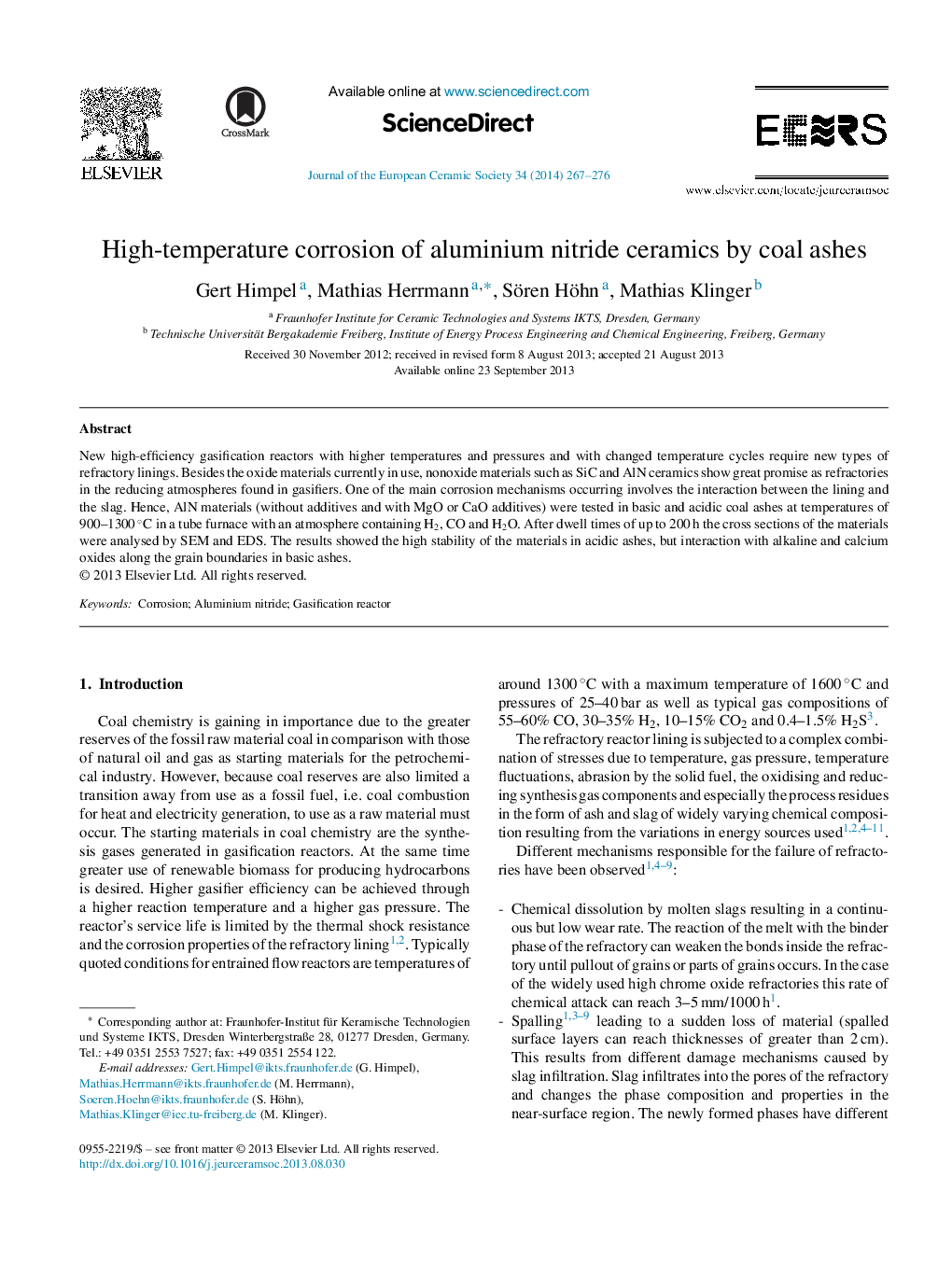 High-temperature corrosion of aluminium nitride ceramics by coal ashes