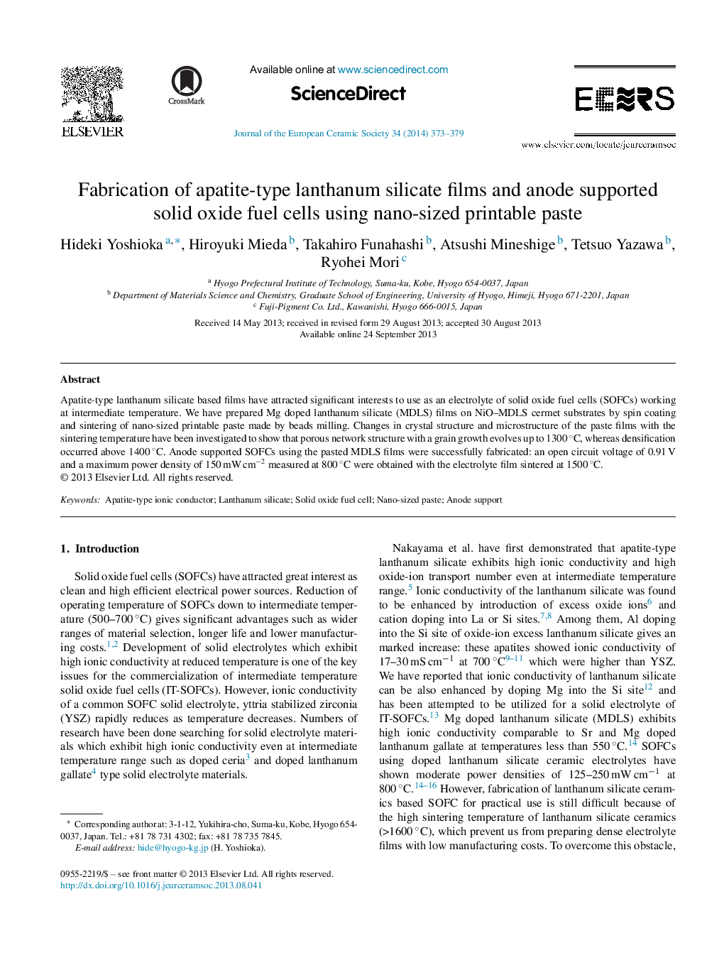 Fabrication of apatite-type lanthanum silicate films and anode supported solid oxide fuel cells using nano-sized printable paste