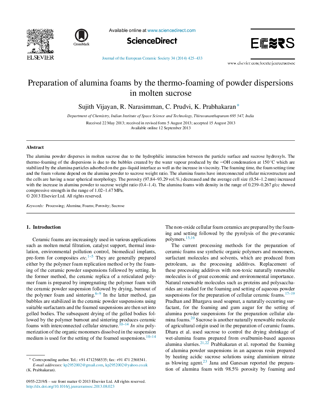 Preparation of alumina foams by the thermo-foaming of powder dispersions in molten sucrose
