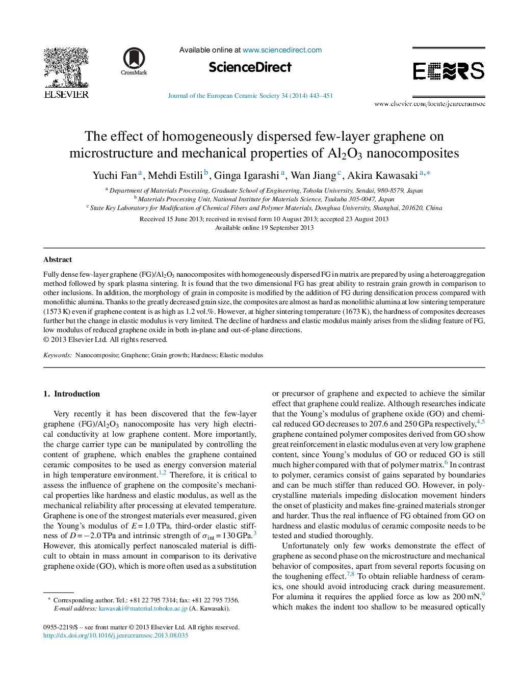 The effect of homogeneously dispersed few-layer graphene on microstructure and mechanical properties of Al2O3 nanocomposites