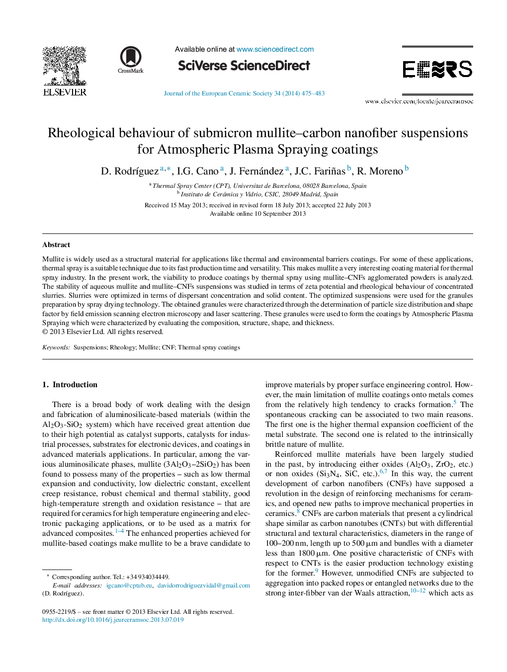 Rheological behaviour of submicron mullite–carbon nanofiber suspensions for Atmospheric Plasma Spraying coatings