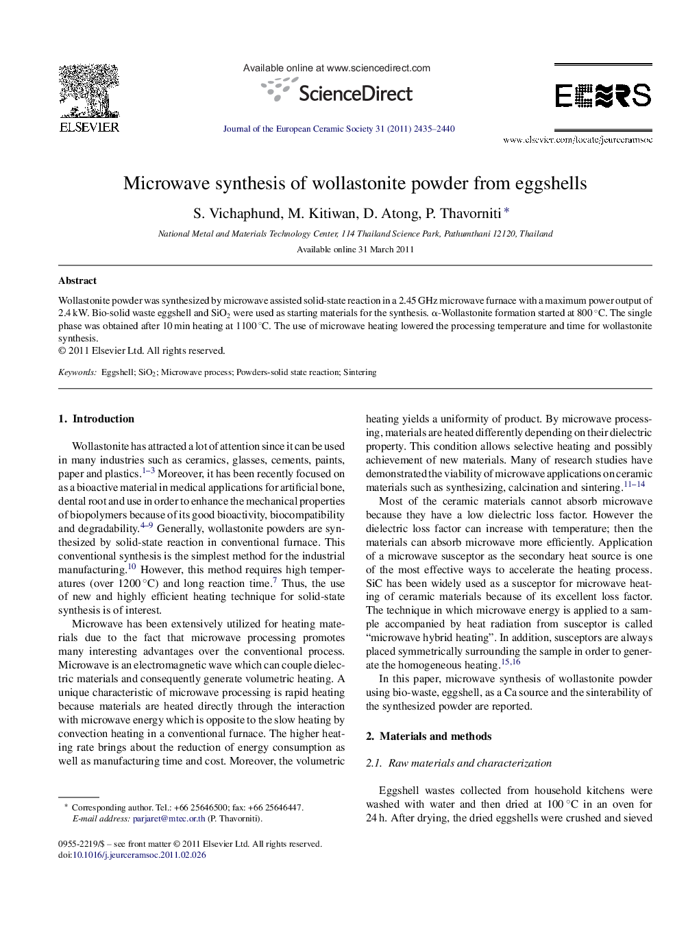 Microwave synthesis of wollastonite powder from eggshells