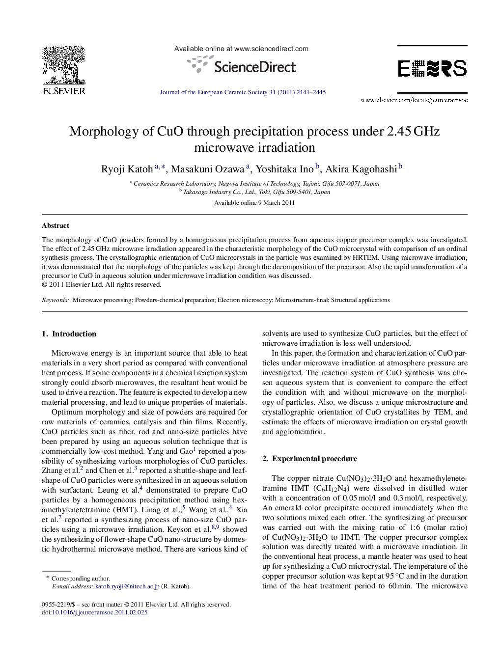 Morphology of CuO through precipitation process under 2.45 GHz microwave irradiation