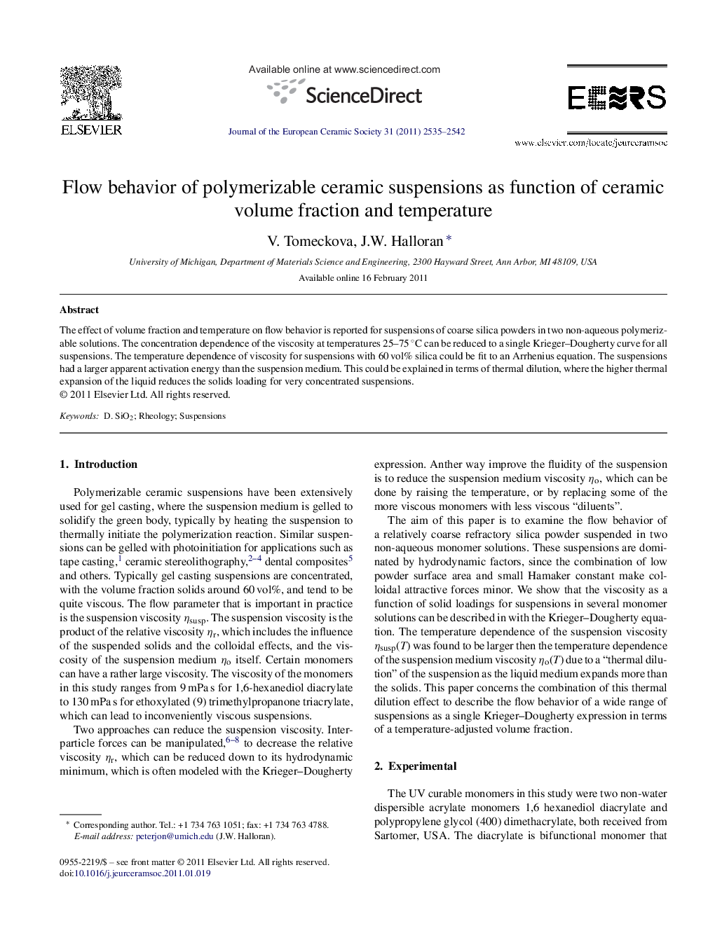 Flow behavior of polymerizable ceramic suspensions as function of ceramic volume fraction and temperature