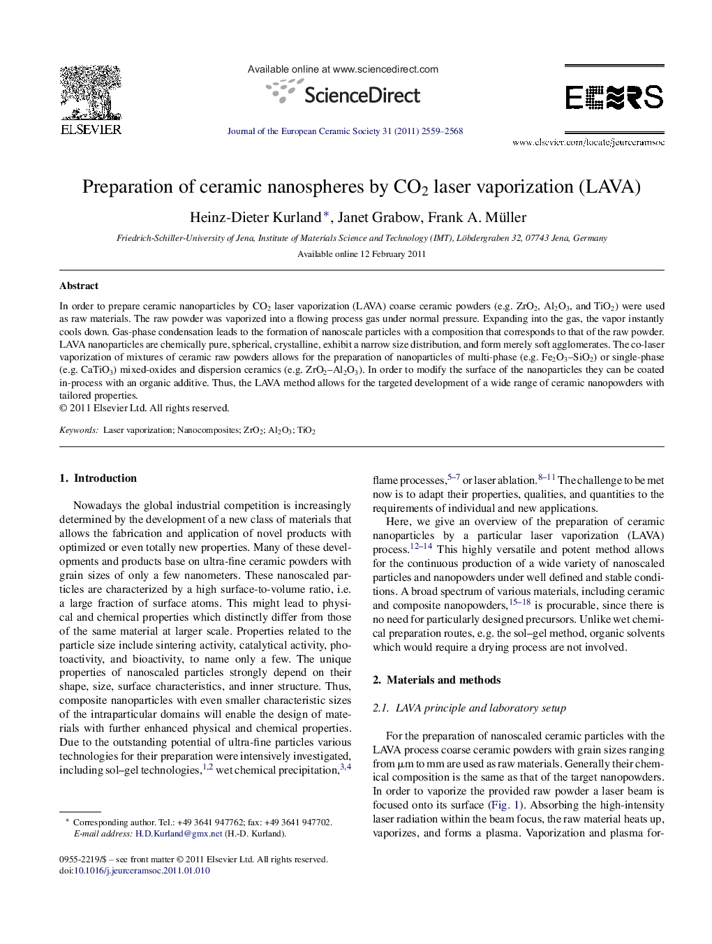 Preparation of ceramic nanospheres by CO2 laser vaporization (LAVA)