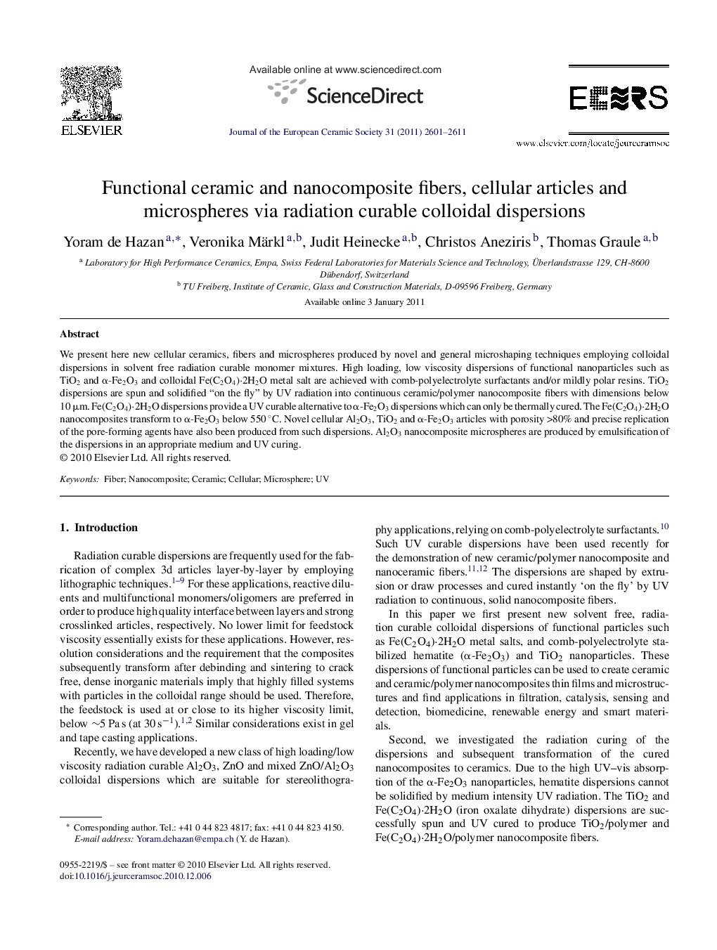 Functional ceramic and nanocomposite fibers, cellular articles and microspheres via radiation curable colloidal dispersions