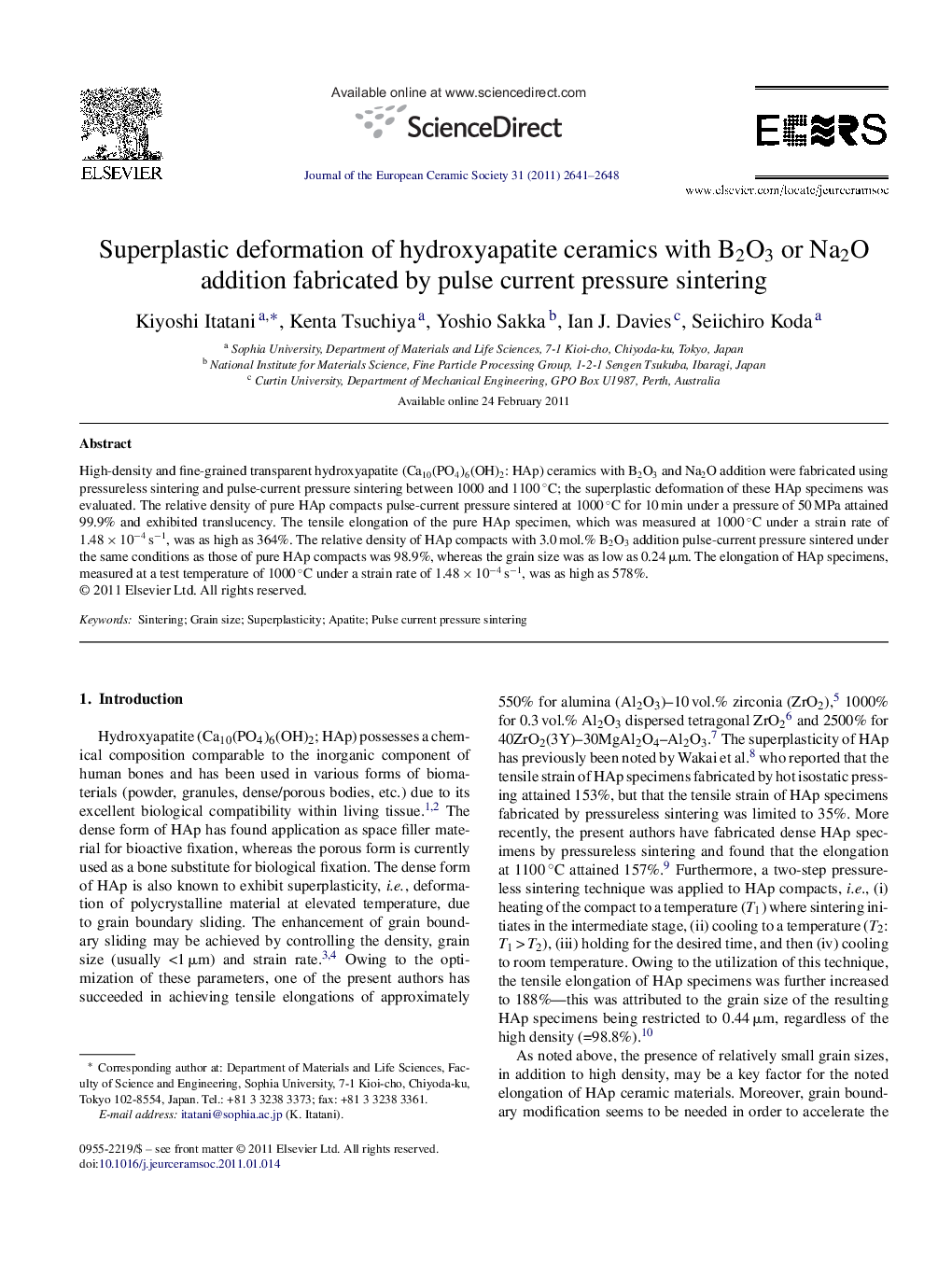 Superplastic deformation of hydroxyapatite ceramics with B2O3 or Na2O addition fabricated by pulse current pressure sintering