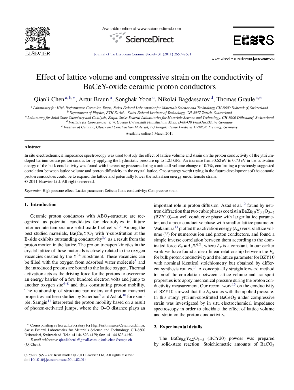 Effect of lattice volume and compressive strain on the conductivity of BaCeY-oxide ceramic proton conductors