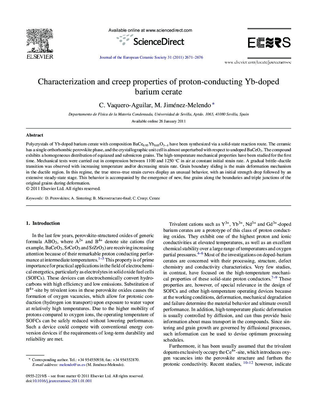 Characterization and creep properties of proton-conducting Yb-doped barium cerate