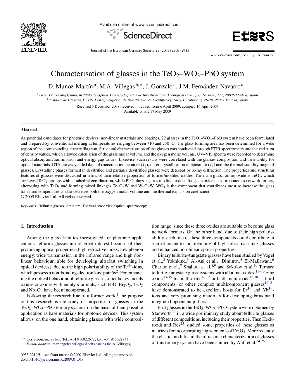 Characterisation of glasses in the TeO2–WO3–PbO system