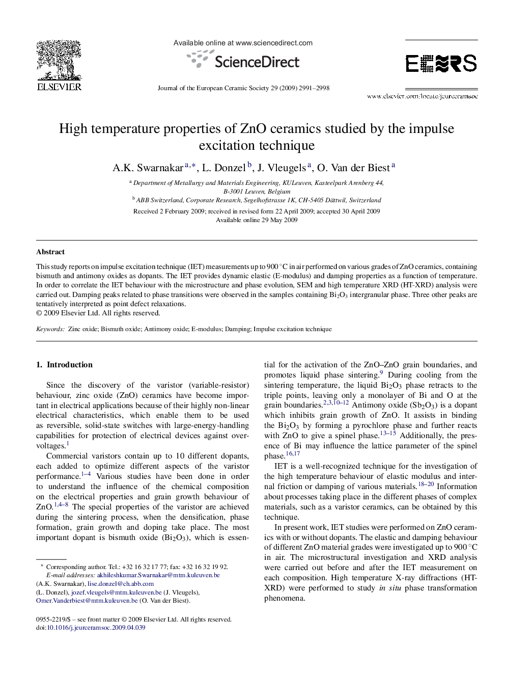 High temperature properties of ZnO ceramics studied by the impulse excitation technique