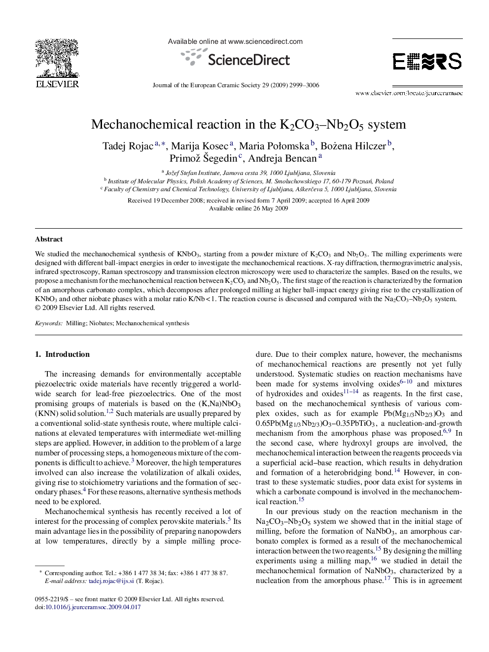 Mechanochemical reaction in the K2CO3–Nb2O5 system