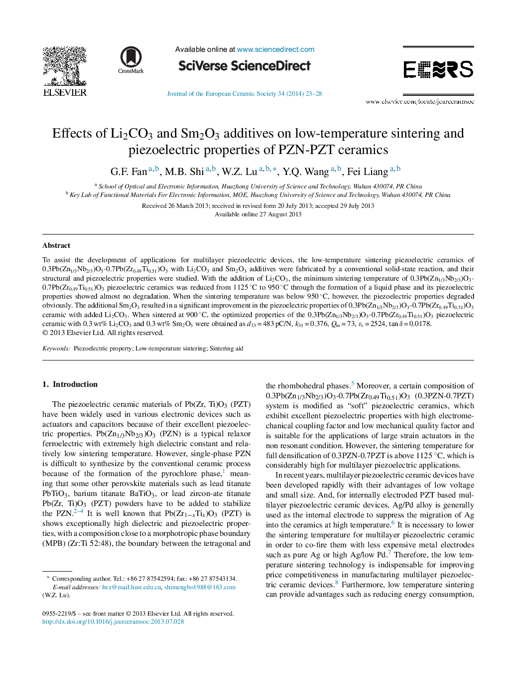 Effects of Li2CO3 and Sm2O3 additives on low-temperature sintering and piezoelectric properties of PZN-PZT ceramics