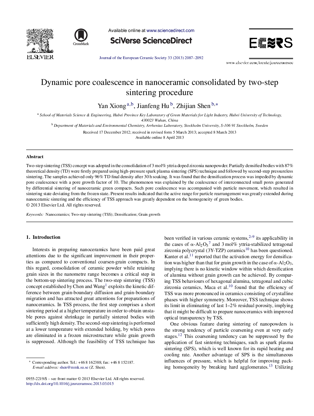 Dynamic pore coalescence in nanoceramic consolidated by two-step sintering procedure