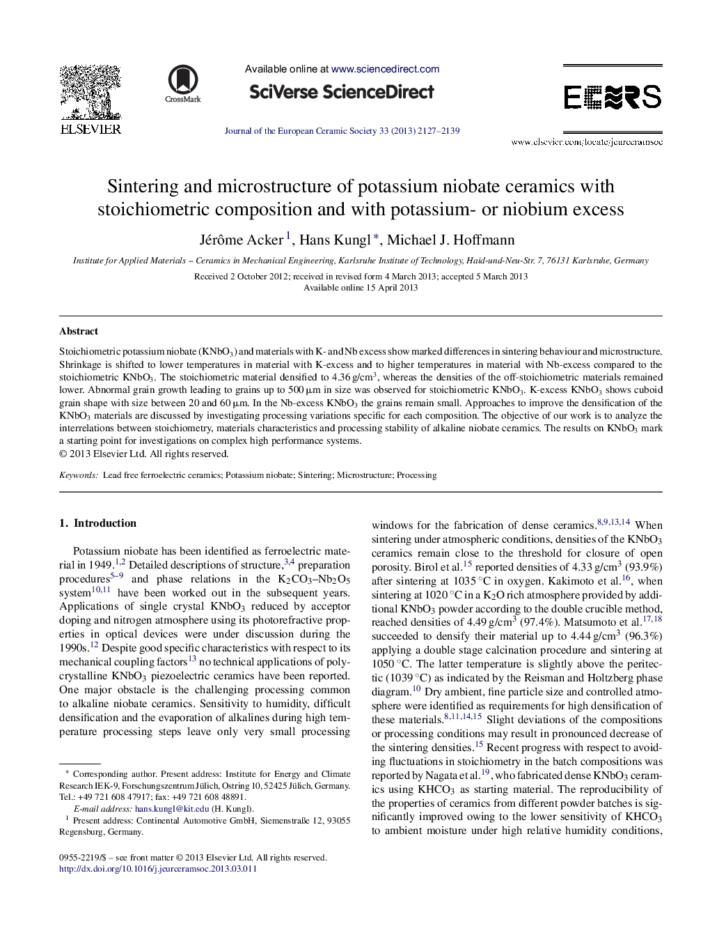 Sintering and microstructure of potassium niobate ceramics with stoichiometric composition and with potassium- or niobium excess