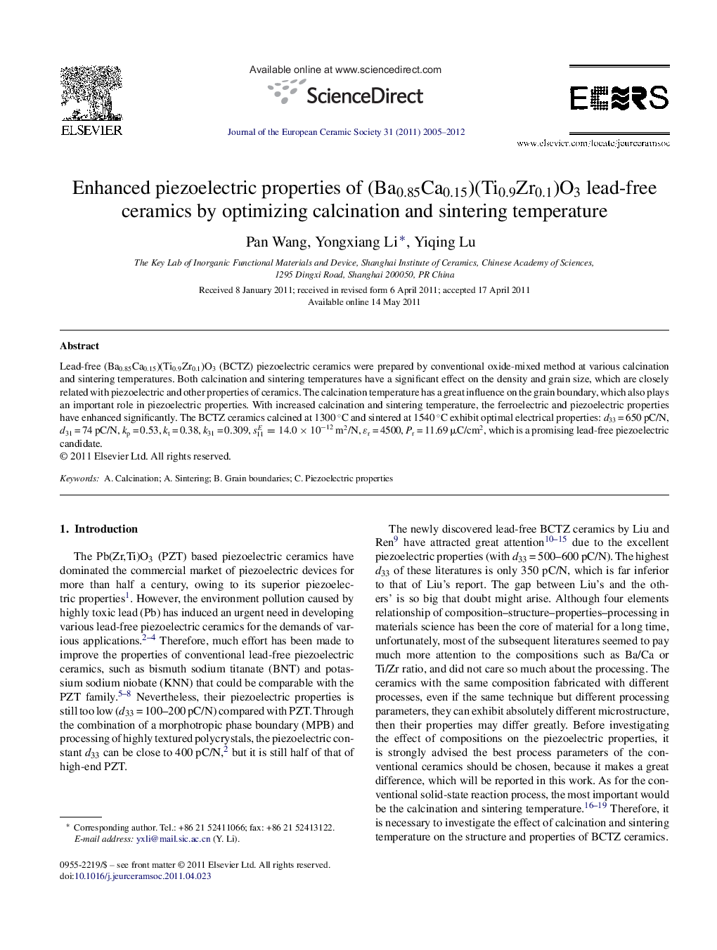 Enhanced piezoelectric properties of (Ba0.85Ca0.15)(Ti0.9Zr0.1)O3 lead-free ceramics by optimizing calcination and sintering temperature