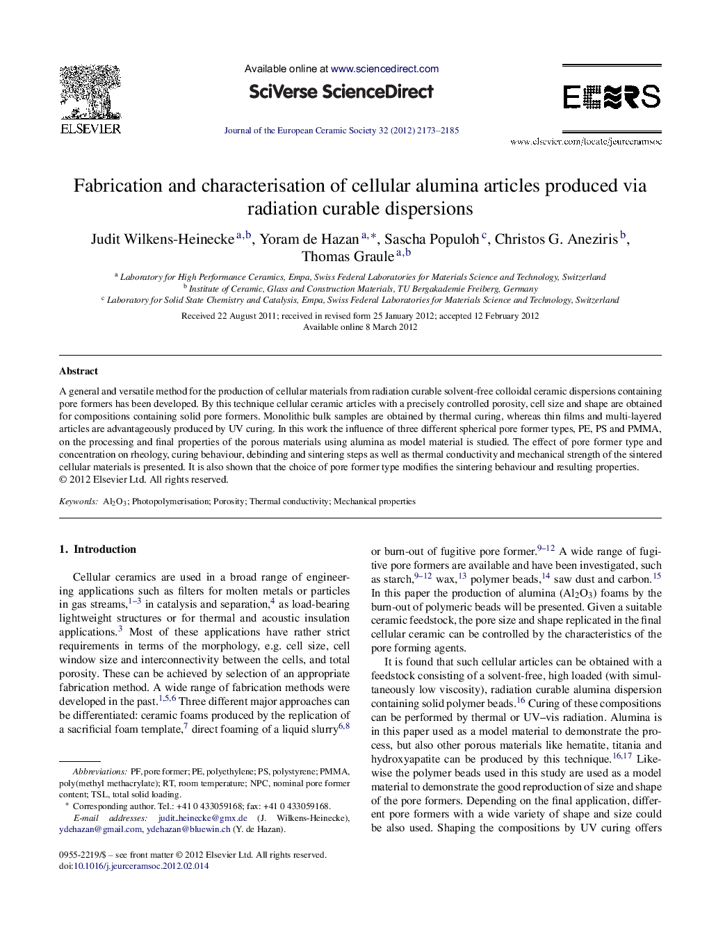 Fabrication and characterisation of cellular alumina articles produced via radiation curable dispersions