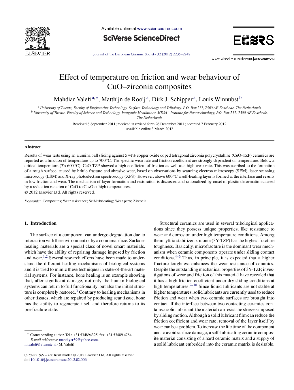 Effect of temperature on friction and wear behaviour of CuO–zirconia composites