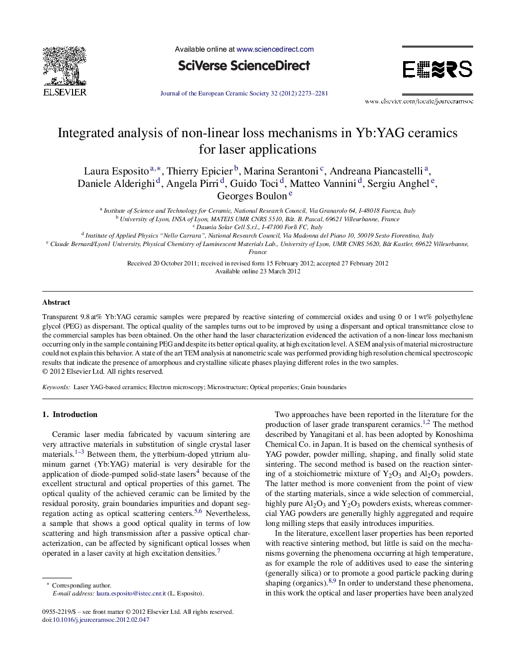 عکس صفحه اول مقاله: Integrated analysis of non-linear loss mechanisms in Yb:YAG ceramics for laser applications Integrated analysis of non-linear loss mechanisms in Yb:YAG ceramics for laser applications