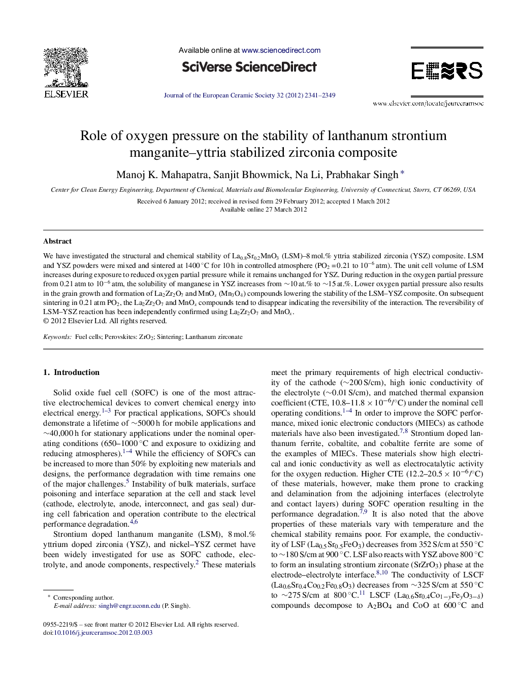 Role of oxygen pressure on the stability of lanthanum strontium manganite–yttria stabilized zirconia composite