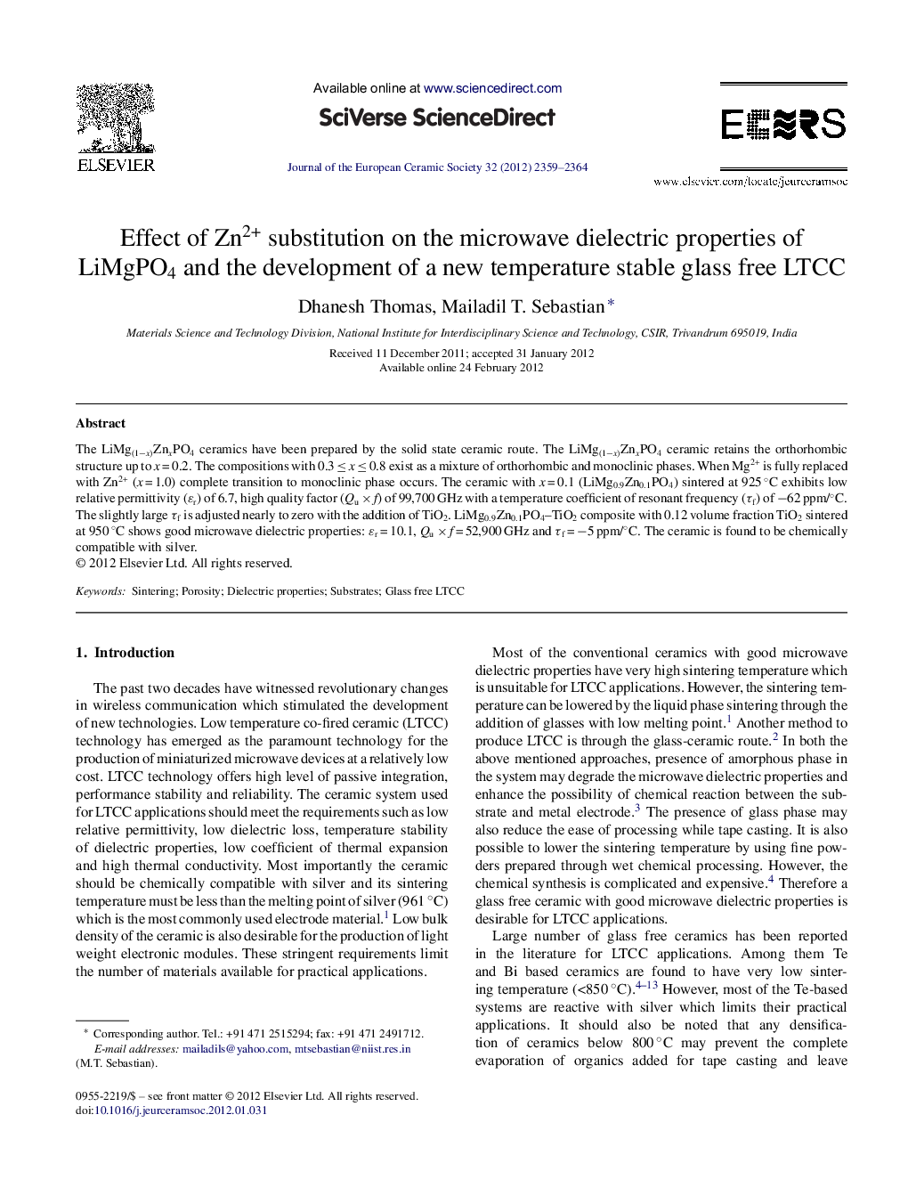 Effect of Zn2+ substitution on the microwave dielectric properties of LiMgPO4 and the development of a new temperature stable glass free LTCC