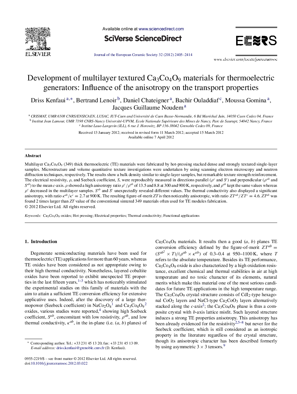 Development of multilayer textured Ca3Co4O9 materials for thermoelectric generators: Influence of the anisotropy on the transport properties