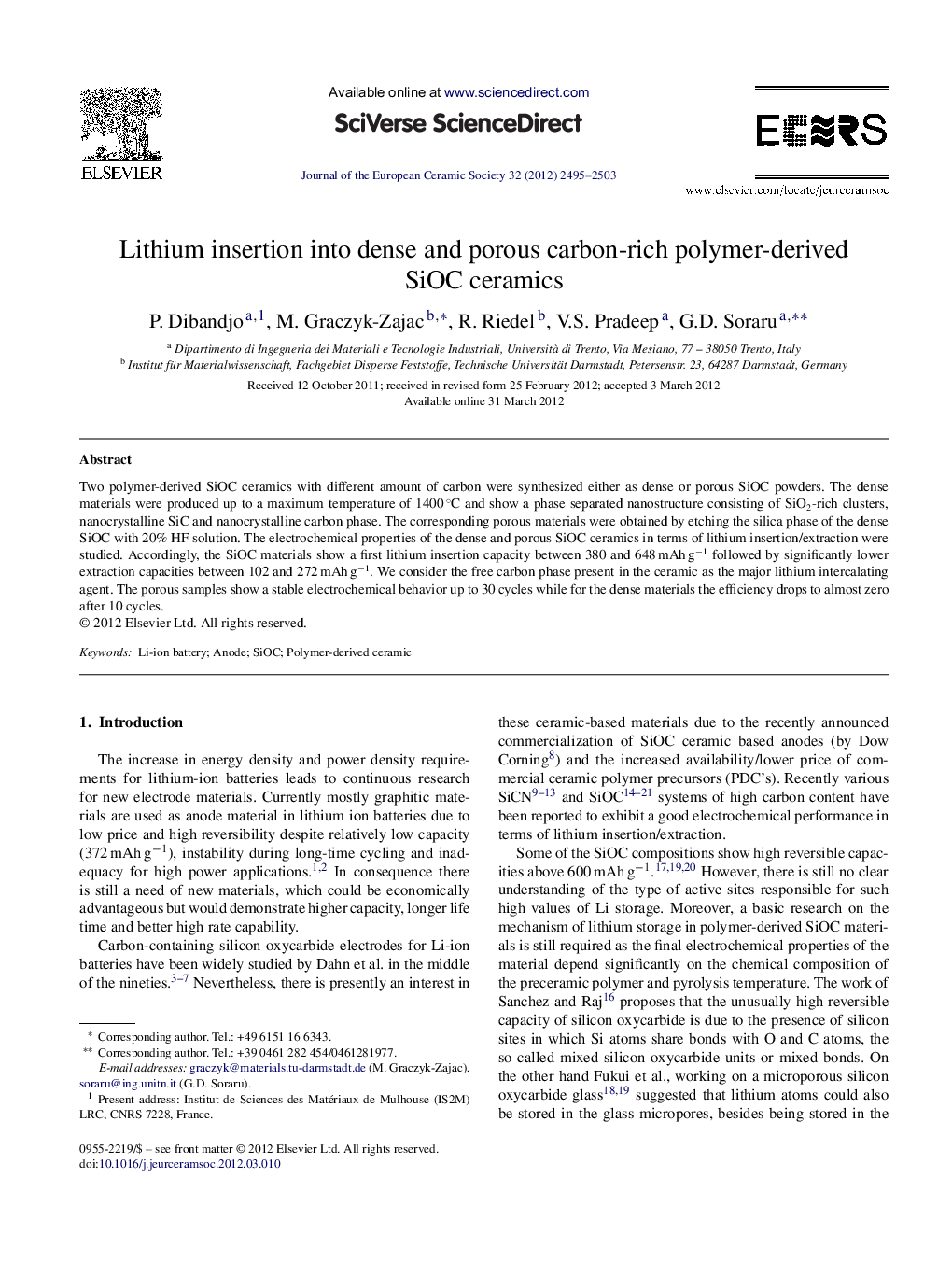 Lithium insertion into dense and porous carbon-rich polymer-derived SiOC ceramics