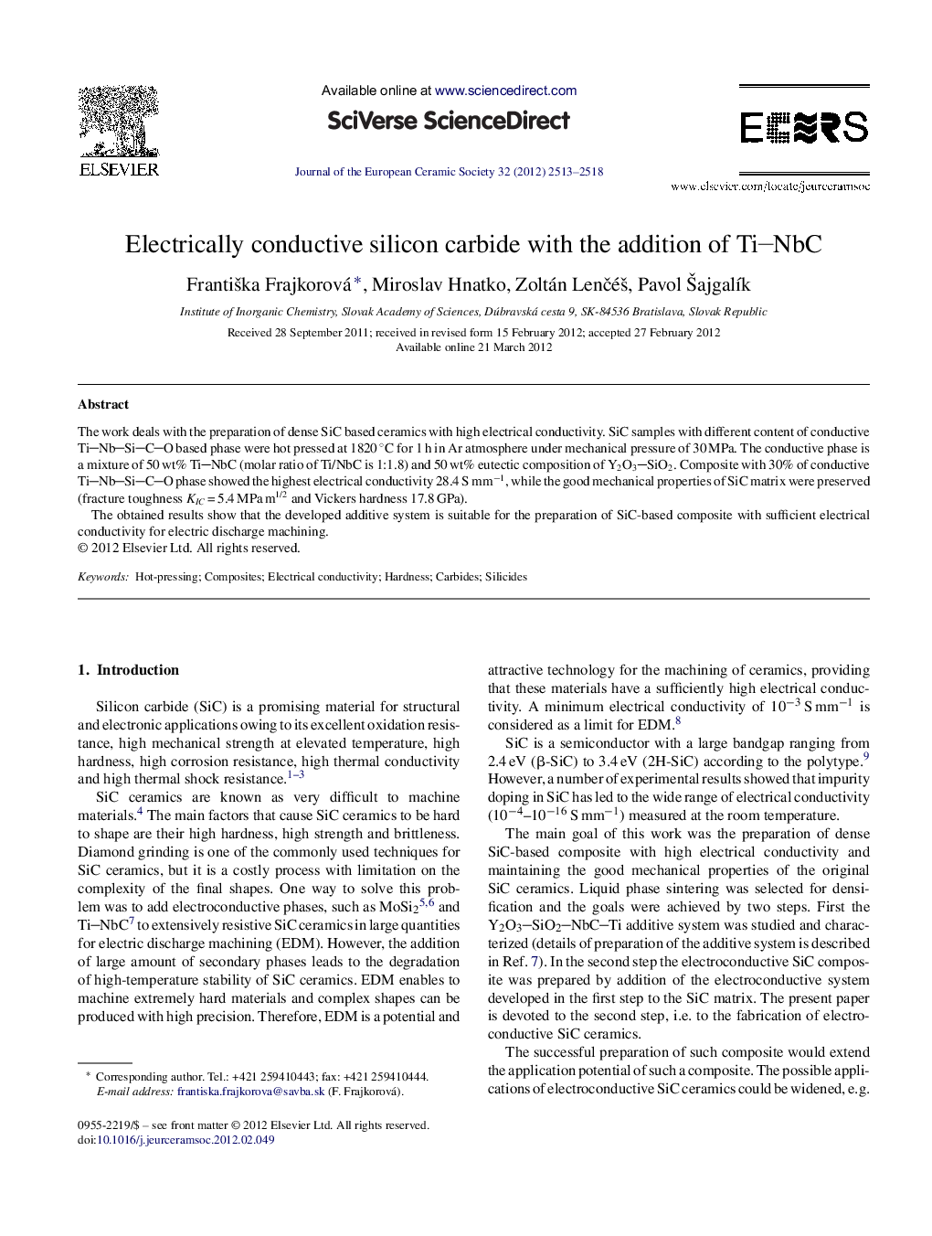 Electrically conductive silicon carbide with the addition of TiNbC