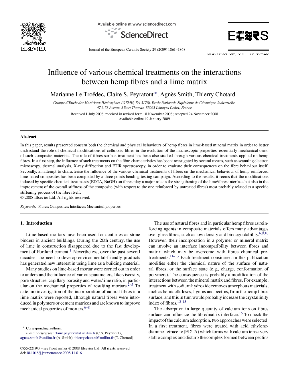 عکس صفحه اول مقاله: Influence of various chemical treatments on the interactions between hemp fibres and a lime matrix Influence of various chemical treatments on the interactions between hemp fibres and a lime matrix