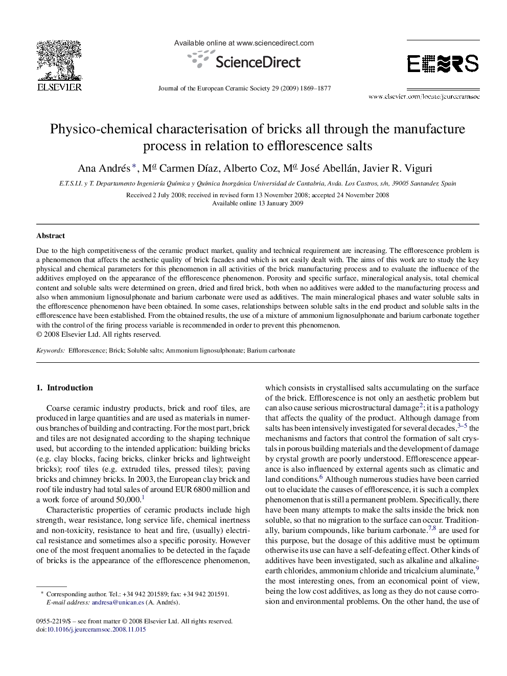 عکس صفحه اول مقاله: Physico-chemical characterisation of bricks all through the manufacture process in relation to efflorescence salts Physico-chemical characterisation of bricks all through the manufacture process in relation to efflorescence salts