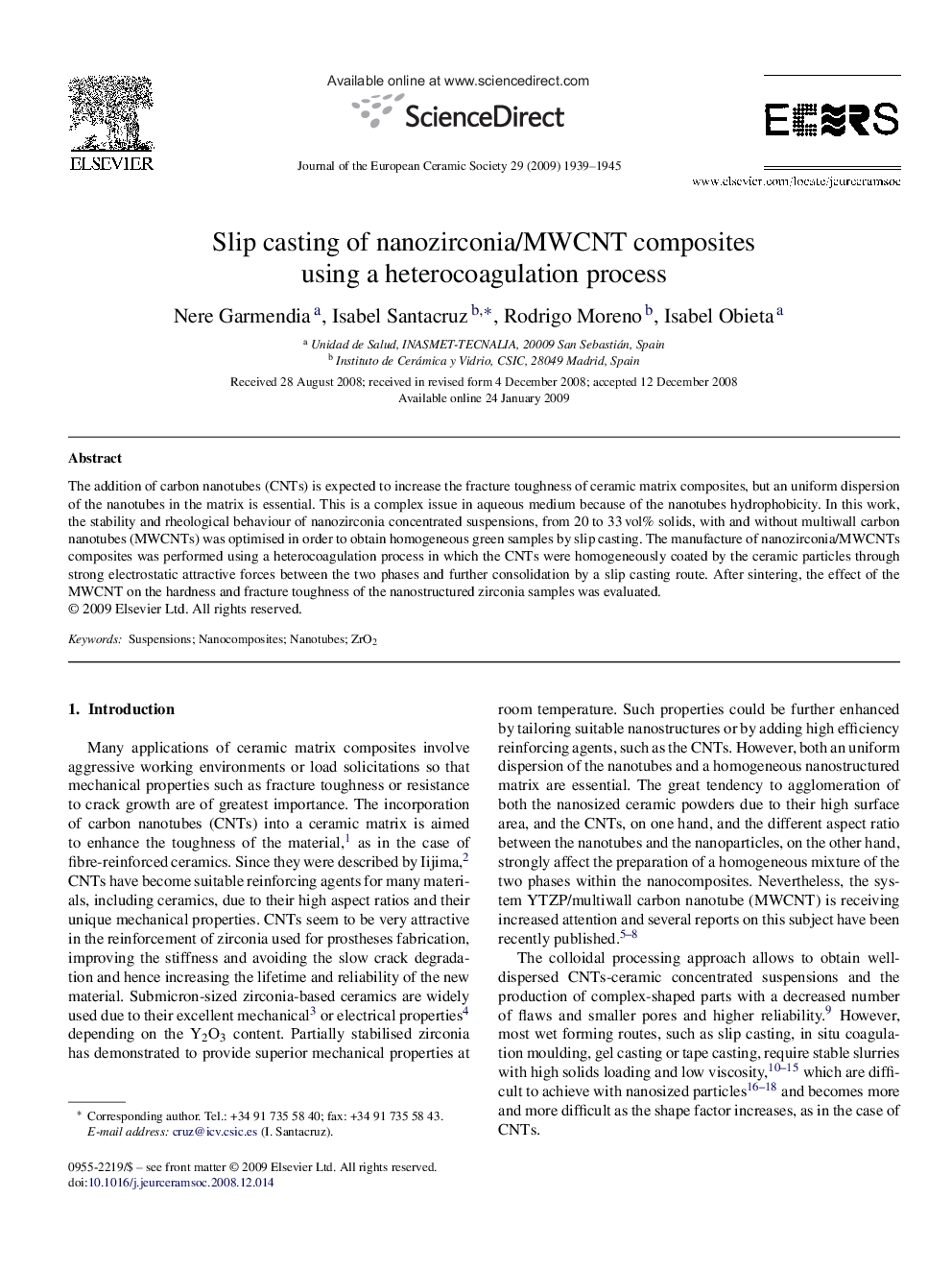 Slip casting of nanozirconia/MWCNT composites using a heterocoagulation process