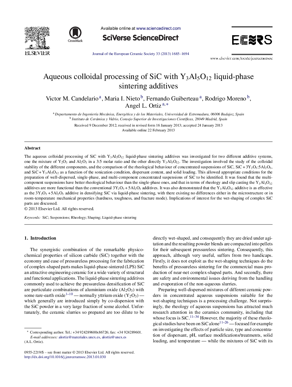 Aqueous colloidal processing of SiC with Y3Al5O12 liquid-phase sintering additives